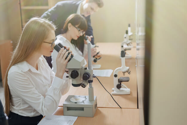 two girls boy work with microscopes 78826 1912